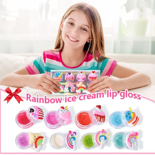 Mebtmel 8Pcs Cute Lip Gloss For Girls Party Favors Lip Balm Set For Kids Assorted Fruity Flavors Cute Cupcake Of Rainbow Designs Birthday