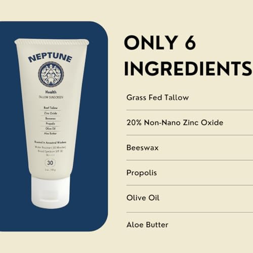 Neptune Non-Toxic Sunscreen - Grass Fed Beef Tallow Zinc Oxide Mineral Based Sunscreen With Propolis For Skin Healing And Moisturization