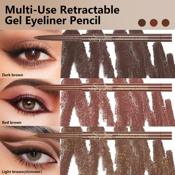 Noerrors 3Colors Brown Retractable Gel Eyeliner Set Waterproof Silky Smooth Easy To Color Creamy Matte Eyeliner Pencil For Women Long Wear Smudge Proof Eye Makeup Pen For Mature Eye With Sharpener