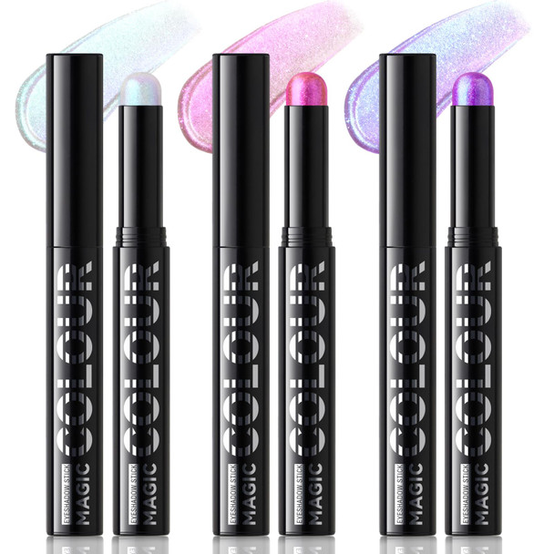 Noerrors 3Pcs Holographic Glitter Cream Eyeshadow Stick Set-Blue Green Purple Pink Duochrome Metallic Eye Brightener Stick Waterproof Long Lasting Sparkly Multichrome Shimmer Eye Shadow Pencil Makeup