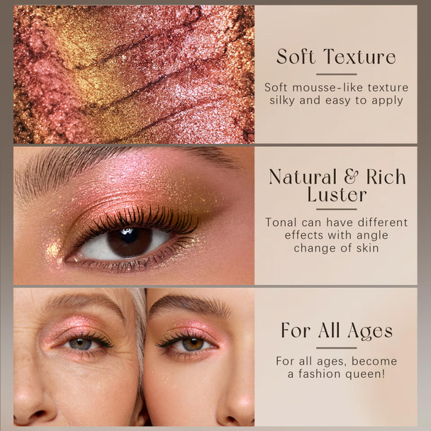 Noerrors Bronze Pink Duochrome Glitter Eyeshadow Palette Holographic Sparkly Golden Pearl Multi-Dimensional Finish Shimmer Eyeshadow Iridescent Pigmented Blendable Smooth Metallic Cream Eye Shadow