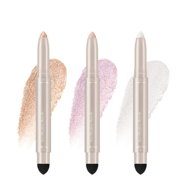 Noerrors 3Colors Glitter Eyeshadow Brightener Stick Set Champagne&Pink&Pearl White Sparkle Cream Eyeliner&Eye Shadow Pencil With Brush Waterproof Silky Smooth Shimmer Metallic Eye Highlighter Makeup