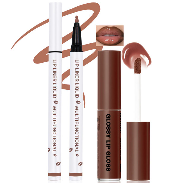 Noerrors 2Pcs Lip Stain Marker Liner Pen And Lip Gloss Lip Combo Set Brown Liquid Waterproof Long Lasting Lip Liner With Moisturizing Lightweight Lip Gloss For Plumping Big Lips High Glossy Makeup