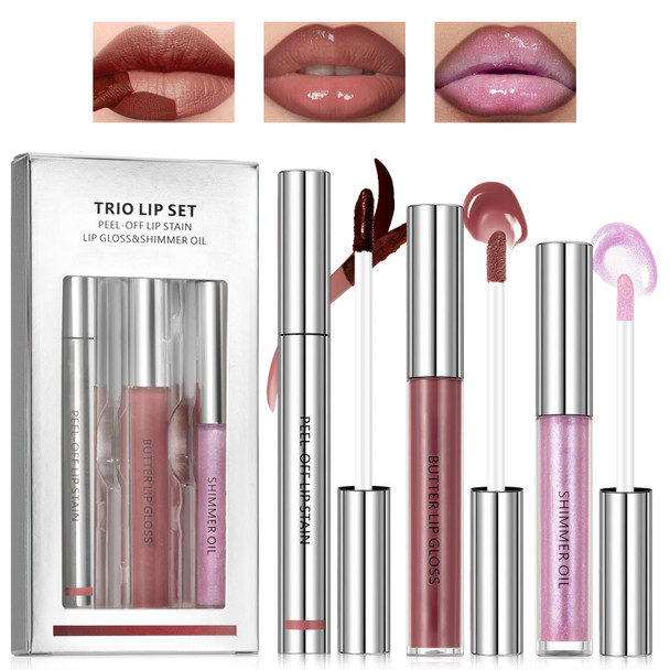 Noerrors 3Pcs Peel Off Lip Liner Stain And Lip Gloss Combo Set Moisturizing Long Lasting Waterproof Pink Transferproof Lip Gloss Shimmer Lip Oil Kit Matte Lip Tattoo Glossy Lip Stains For Women