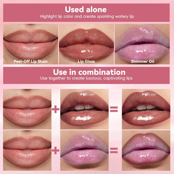 Noerrors 3Pcs Peel Off Lip Liner Stain And Lip Gloss Combo Set Moisturizing Long Lasting Waterproof Pink Transferproof Lip Gloss Shimmer Lip Oil Kit Matte Lip Tattoo Glossy Lip Stains For Women