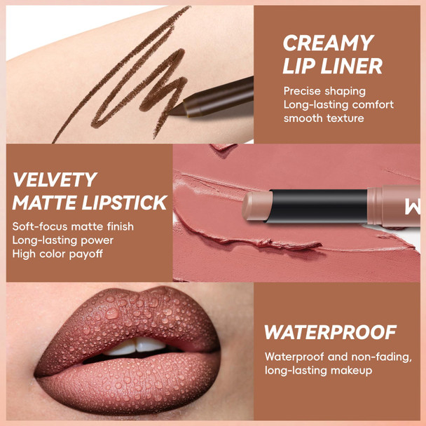 Noerrors 2Pcs Gradient Lip Liner And Lipstick Lip Combo Set For Women Brown Plumping Lip Liner Pencil & Nude Matte Lip Balm Waterproof Long-Lasting Smudge-Proof Velvet Lip Makeup Kit For Beginner
