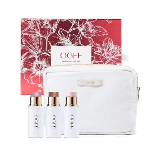 Ogee Shimmer All The Way - Limited Edition Holiday Makeup Set - Includes A Trio Of Pearl Moonstone & Amethyst Highlighter Sticks & Organic Cotton Beauty Bag
