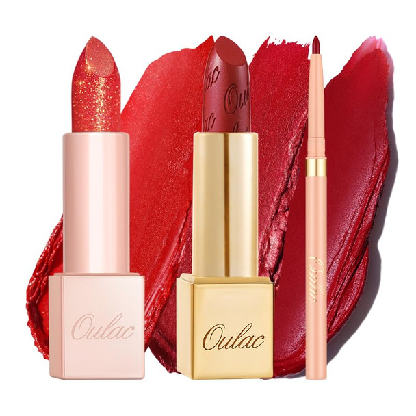 Oulac Christmas Red Lipsticks Set Included Metallic Lipstick Mositure Lipstick And Lip Liner Msl12+Pg02+El07