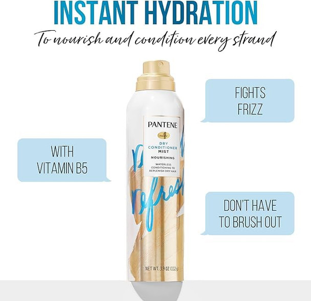 Pantene Dry Conditioner Mist Spray For Hair 3.9Oz Blue - Instant Hydration And Frizz Control With Vitamin B5 Safe For Color Treated Hair Pro-V Refresh
