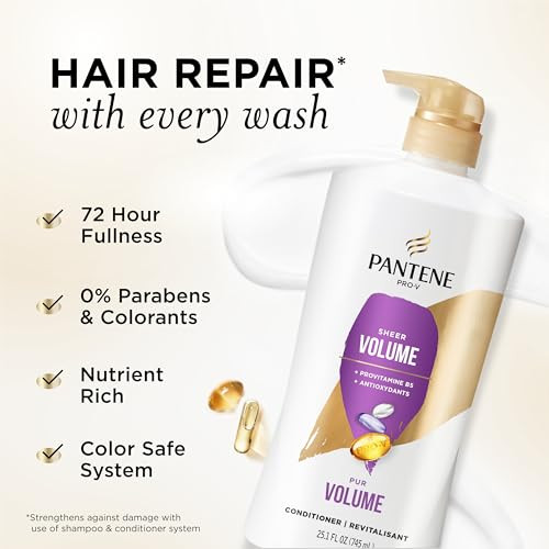 Pantene Conditioner Sheer Volume 72 Hour Fullness Lightweight Nourishment With Pro Vitamin B5 + Antioxidants Fine Thin Color-Treated Hair Paraben Strengthens Bonds 25.1 Fl Oz