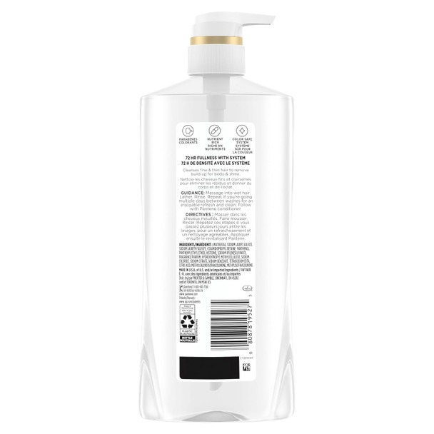 Pantene Shampoo Sheer Volume - 72-Hour Fullness Lightweight Nourishment with Pro-Vitamin B5 + Antioxidants, Fine, Thin, Color-Treated Hair, Paraben Free Remove Build Up for Body & Shine 27.7 Fl Oz