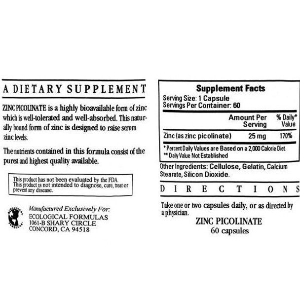 Ecological Formulas  Zinc Picolinate 25mg  60 Capsules