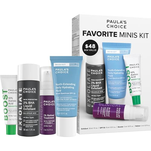 Paula's Choice Favorites Mini Kit 4 Piece Set Includes 2% Bha Exfoliant 1% Retinol Treatment 10% Azelaic Acid Booster Youth Extending Spf 50 Moisturizer Travel Skin Care Set For Glowing Skin