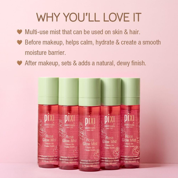 Pixi Beauty Rose Glow Mist Hydrating Makeup Setting Spray With Rose Water & 21 Natural Oils Luminous Dewy Finish All-Day Hold Refreshes & Sets Makeup 2.70 Fl Oz