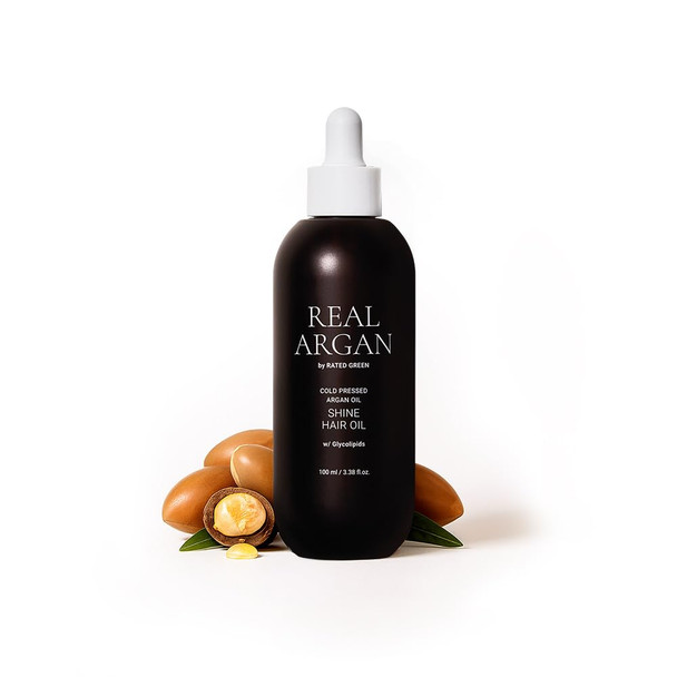 Rated Green Real Argan Cold Press Hair Oil Lightweight Shine & Frizz Control Coconut Moringa Jojoba Oil Blend For Dry Damaged & Frizzy Hair Korean Vegan Formula 3.38 Fl Oz