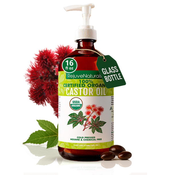 Rejuvenaturals Castor Oil (16Oz Glass Bottle) Usda Organic 100% Pure Cold Pressed Hexane . Boost Hair Growth For Thicker Fuller Hair Lashes & Eyebrows