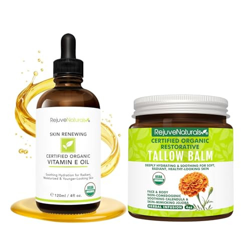 Rejuvenaturals Usda Organic Vitamin E Oil & Herbal Beef Tallow Balm Bundle 100% Natural Skin Repair & Deep Hydration For Face & Body Supports Radiant Youthful Healthy-Looking Skin 4Oz + 4Oz