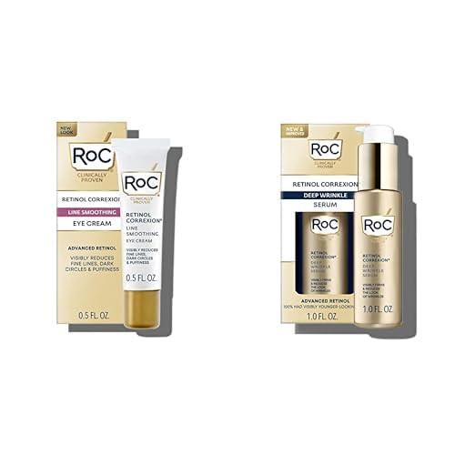 Roc Retinol Correxion Under Eye Daily Wrinkle Cream 0.5 Oz (Packaging May Vary) Retinol Correxion Deep Wrinkle Retinol Face Serum With Ascorbic Acid 1 Ounce Bundle (Packaging May Vary)