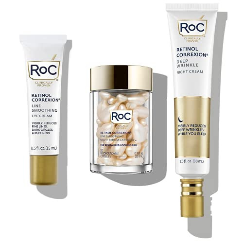 Roc Retinol Pm Rituals Bundle: Roc Retinol Serum Night Capsules + Deep Wrinkle Night Cream + Roc Eye Cream For Anti-Wrinkles Dark Circles And Puffy Eyes
