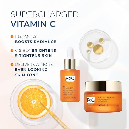 Roc Multi Correxion Revive + Glow Skin Care Regimen Bundle: Vitamin C Serum For Face + Vitamin C Cream For Tighter Brighter Skin
