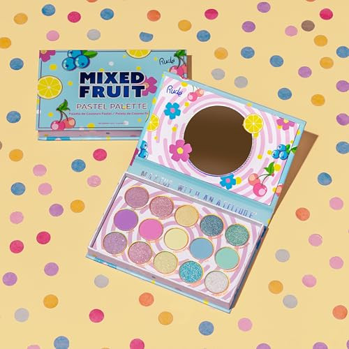 Rude Cosmetics Mixed Fruit Palette 15 Shades Matte Shimmer Glitter Finishes Vegan Cruelty Paraben Blendable Eyeshadow Vibrant Color Payoff All Skin Tones [Pastel]