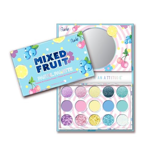 Rude Cosmetics Mixed Fruit Palette 15 Shades Matte Shimmer Glitter Finishes Vegan Cruelty Paraben Blendable Eyeshadow Vibrant Color Payoff All Skin Tones [Pastel]