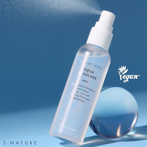 S.Nature Aqua Squalane Mist Vegan Face Spray Light-Weight Face Moisturizer Hydrating Mist For Glow Skin Green Tea Extract For Soothe Skin Korean Skincare (100Ml 3.38 Fl Oz.)