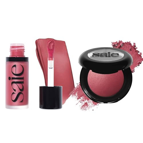 Saie Cheek Flush Duo - Dew Liquid Blush (.40 Oz Dreamy) Supersuede Baked Powder Blush (.01 Oz Grazie) - Layerable Skin-Nourishing Blushes For A Seamless Radiant Finish