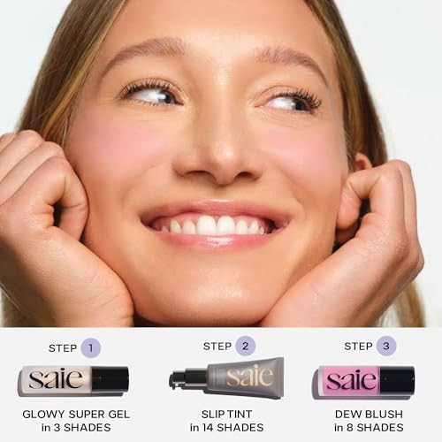 Saie Mini Glowy Super Gel Lightweight Llluminator & Makeup Primer - Sunglow (0.5 Oz) + Dew Blush - Lightweight Liquid Blush With A Blendable + Buildable Cream Finish - Chilly (.40 Oz)