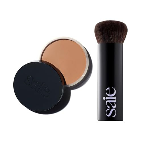 Saie Sun Melt Duo - The Big Brush - Soft Multi-Use Liquid + Cream Makeup Brush With Synthetic Bristles Bundled With Sun Melt Bronzer In Light Bronze - Buildable Cream Contour Velvet Finish (1 Oz)
