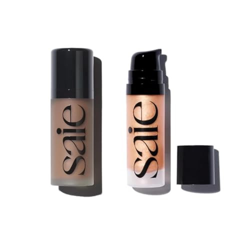 Saie Radiant Glow Duo - Dew Bronze Soft-Focus Liquid Bronzer In Salt (0.4 Oz) & Mini Glowy Super Gel Lightweight Illuminator In Sunglow (0.5 Oz) Hydrating Makeup Essentials For A Sun-Kissed Glow