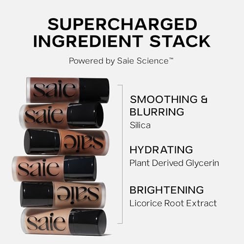 Saie Radiant Glow Duo - Dew Bronze Soft-Focus Liquid Bronzer In Sand (0.4 Oz) & Mini Glowy Super Gel Lightweight Illuminator In Sunglow (0.5 Oz) Hydrating Makeup Essentials For A Sun-Kissed Glow