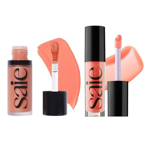 Saie Dewy Glow Duo - Dew Liquid Blush - (.40 Oz Hottie) Glossybounce Lip Gloss-Oil Hybrid (.17 Oz Splash) - Hydrating Vegan Makeup For Radiant Cheeks & Lips