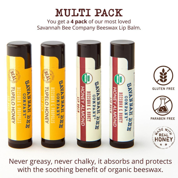 Savannah Bee Lip Balm Collection - Nourishes Dry Lips For All Day Comfort - 2X Tupelo Honey & 2X Honey Almond
