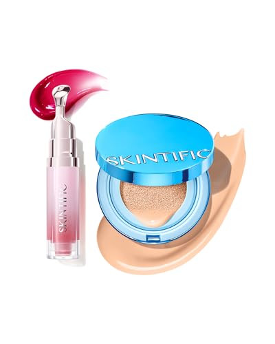 Skintific Velvet Matte Cushion Foundation Blue 02 Ivory With Peptide Brightening Lip Serum 06 Cherry Red