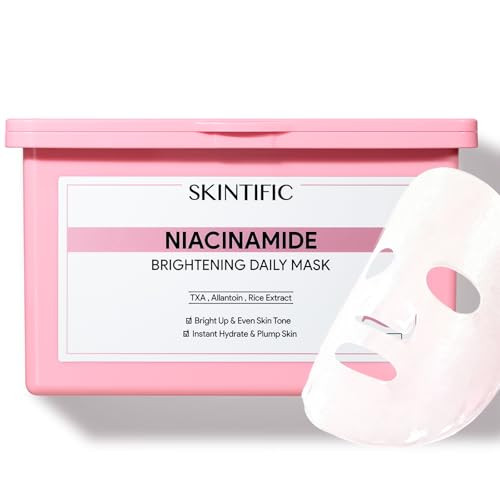 Skintific Niacinamide Brightening Daily Sheet Mask 10-Min Facial Mask With Tranexamic Acid & Rice Extract Hydrating & Smoothing For Even Tone And Radiant-Looking Skin (400G30 Sheets)