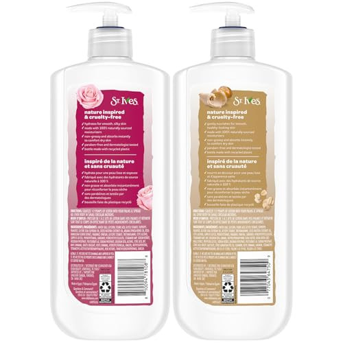 St. Ives Body Lotion Variety 2-Pack Smoothing Rose & Argan Oil + Oatmeal & Shea Butter 24H Hydration Cruelty- Skin Care 20.28 Oz Ea