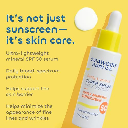 The Seaweed Bath Co. Seaweed Bath Co. Super Sheer Face Serum Spf 50 - Lightweight Mineral Sunscreen With Zinc Oxide - Hydrating Daily Facial Spf With Seaweed Collagen & Ceramides 1.1 Oz