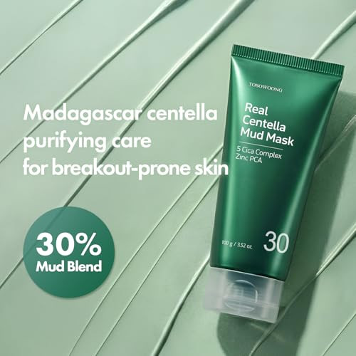 Tosowoong Real Centella Mud Mask For Blemish-Prone Skin With Witch Hazel Tea Tree Blackhead Cleansing Pore Care & Skin Relief Cooling Quick Dry Formula Face Mask Korean Skincare 100 G / 3.52 Oz