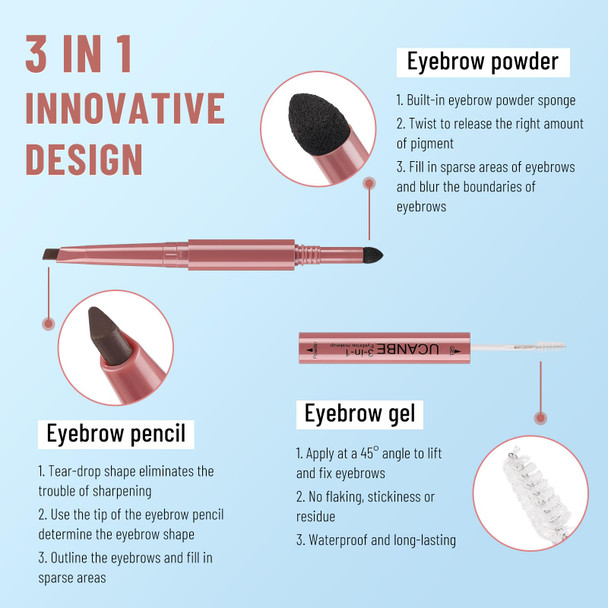 Ucanbe 3-In-1 Eyebrow Makeup Pencil: Triangle Retractable Definer Eyebrow Pen Waterproof Brow Gel And Fills Eye Brow Powder Create Natural Brows(03 Ash Brown)