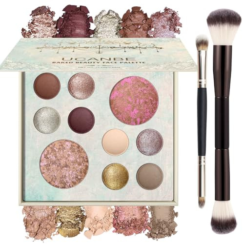 Ucanbe Full Size Baked Makeup Palette Set - Include Blush Bronzer 8 Eyeshadows & Brushes Pigmented All-In-One Face & Eye Compact Powder Beauty Holiday Kit For Starter & Pros Travel Friendly