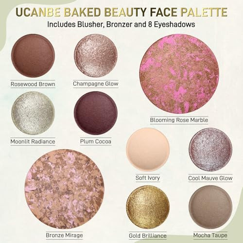 Ucanbe Full Size Baked Makeup Palette Set - Include Blush Bronzer 8 Eyeshadows & Brushes Pigmented All-In-One Face & Eye Compact Powder Beauty Holiday Kit For Starter & Pros Travel Friendly