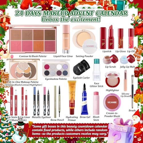 Ucanbe Luxury Makeup Advent Calendar 24 Days Christmas Makeup Set For Adult Women & Teen Girls Xmas Beauty & Cosmetic Countdown Calendar Holiday Surprise Limited-Edition Make Up Gifts Kit