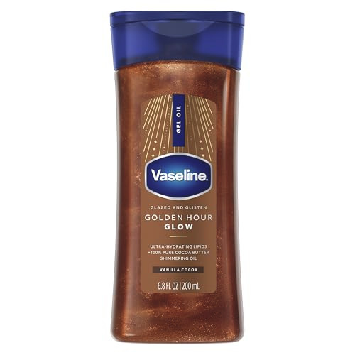 Vaseline Glazed And Glisten Golden Hour Body Gel Oil Glow Vanilla Cocoa Shimmering With Ultra-Hydrating Lipids And 100% Pure Cocoa Butter 6.8 Oz