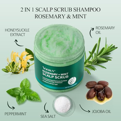 Voeruy Scalp Scrub Rosemary Scalp Exfoliator Scrub Shampoo 2-In-1 Scalp Treatment With Mint Oil Hair Treatment To Clarify And Remove Build Up With Silicone Scalp Massager 10.6Oz/300G