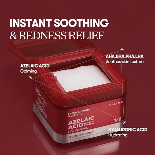 Vt Cosmetics Azelaic Acid Care Toner Pad Dual-Textured Facial Toner Pads For Exfoliation And Pore Care With Aha/Bha/Pah Cica Exosome For Calming & Hydrating Korean Skin Care (60 Units)