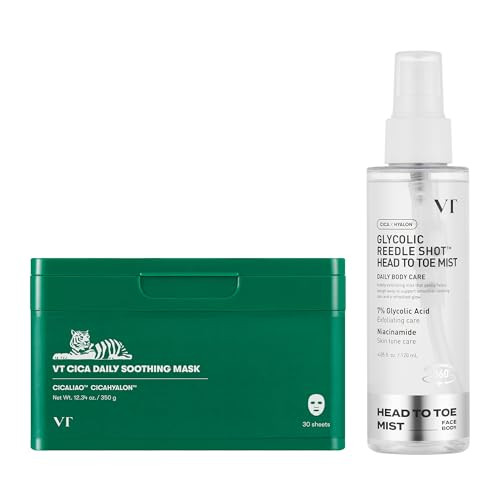 Vt Cosmetics Cica Daily Soothing Mask 30 Sheets & 7% Glycolic Acid Reedle Shot Head-To-Toe Mist