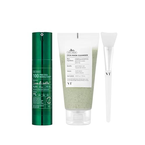 Vt Cosmetics Bundle Pro Cica Reedle Shot 100 & Cica Mask Cleanser With Brush Microneedling Serum 2-In-1 Clay Mask-To-Foam Cleanser Centella Asiatica For Acne-Prone & Sensitive Skin Korean Skincare