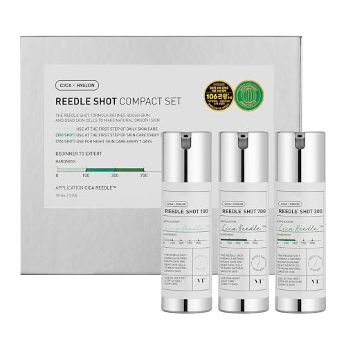 Vt Cosmetics Reedle Shot Compact Set Microneedling Serum Set With Reedle Shot 100 300 700 Exfoliating Anti-Aging Travel Size Skincare Set For Glass Skin (0.34 Oz / 10Ml Each)