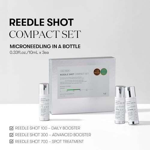 Vt Cosmetics Reedle Shot Compact Set Microneedling Serum Set With Reedle Shot 100 300 700 Exfoliating Anti-Aging Travel Size Skincare Set For Glass Skin (0.34 Oz / 10Ml Each)